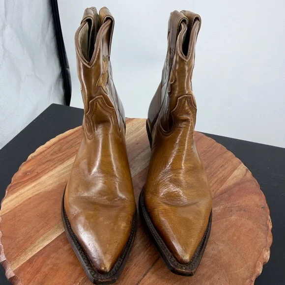 vintage flower inlay ankle western boots brown leather short cowgirl boho sz 7.5 - Picture 3 of 10